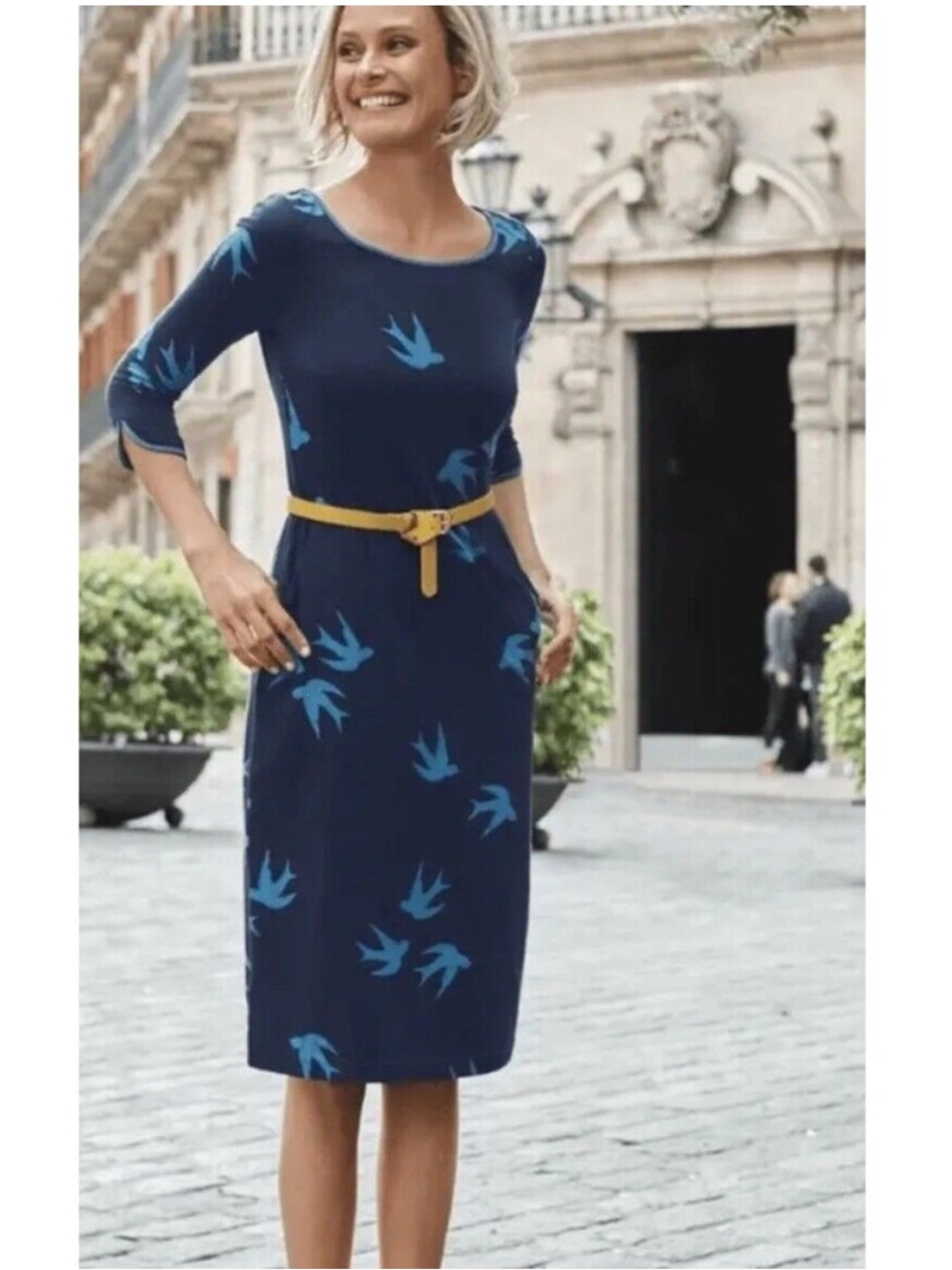 Boden Jessie Navy Blue Bird Print Semi Fitted Jersey Knit Midi Dress